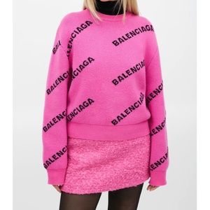 Balenciaga Pink & Black Knit Wool Allover Logo Sweater